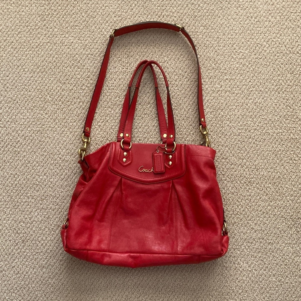 Coach Ashley Satchel Carryall Cherry Red Two Way Bag Hobo L1280-F19243 Purse EUC